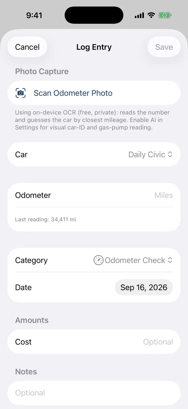 The Log Entry screen, with Scan Odometer Photo at the top, the car's last reading under the odometer field, and category, date and cost
