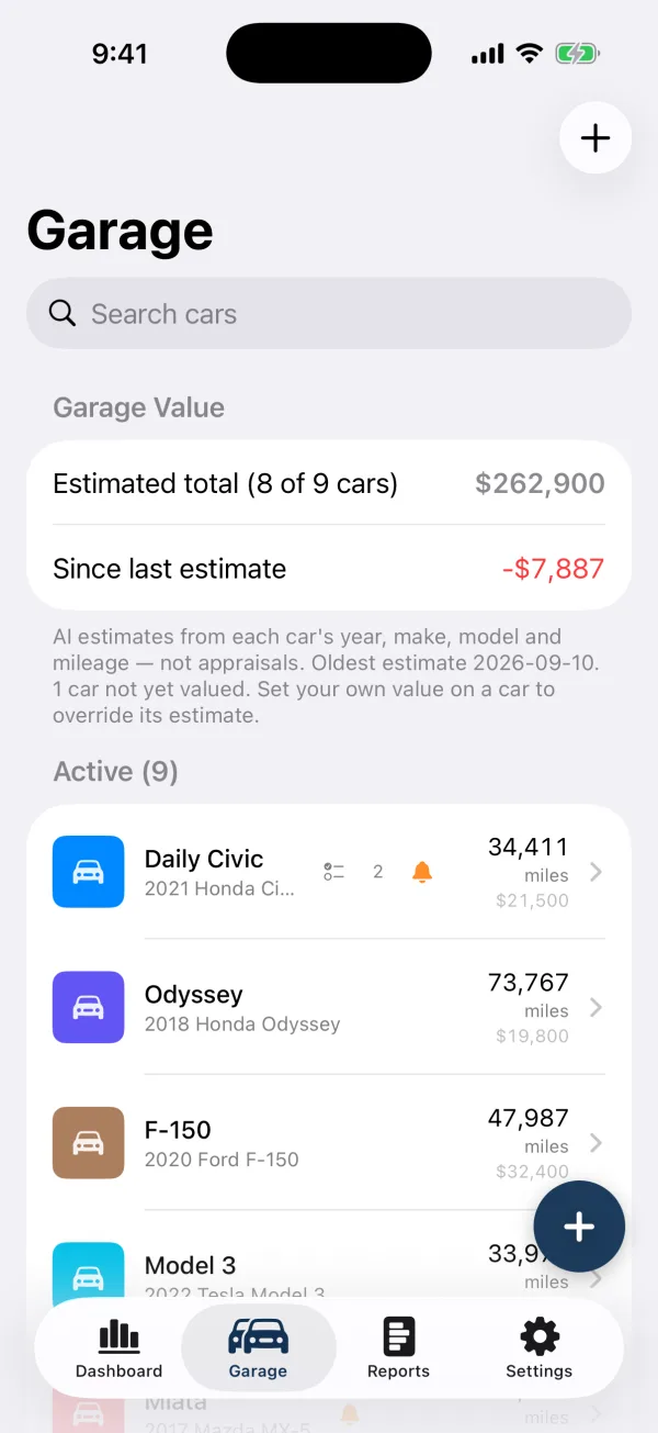 The Garage list: an estimated garage value with the change since the last estimate, then each car with its mileage, open to-dos and a reminder bell