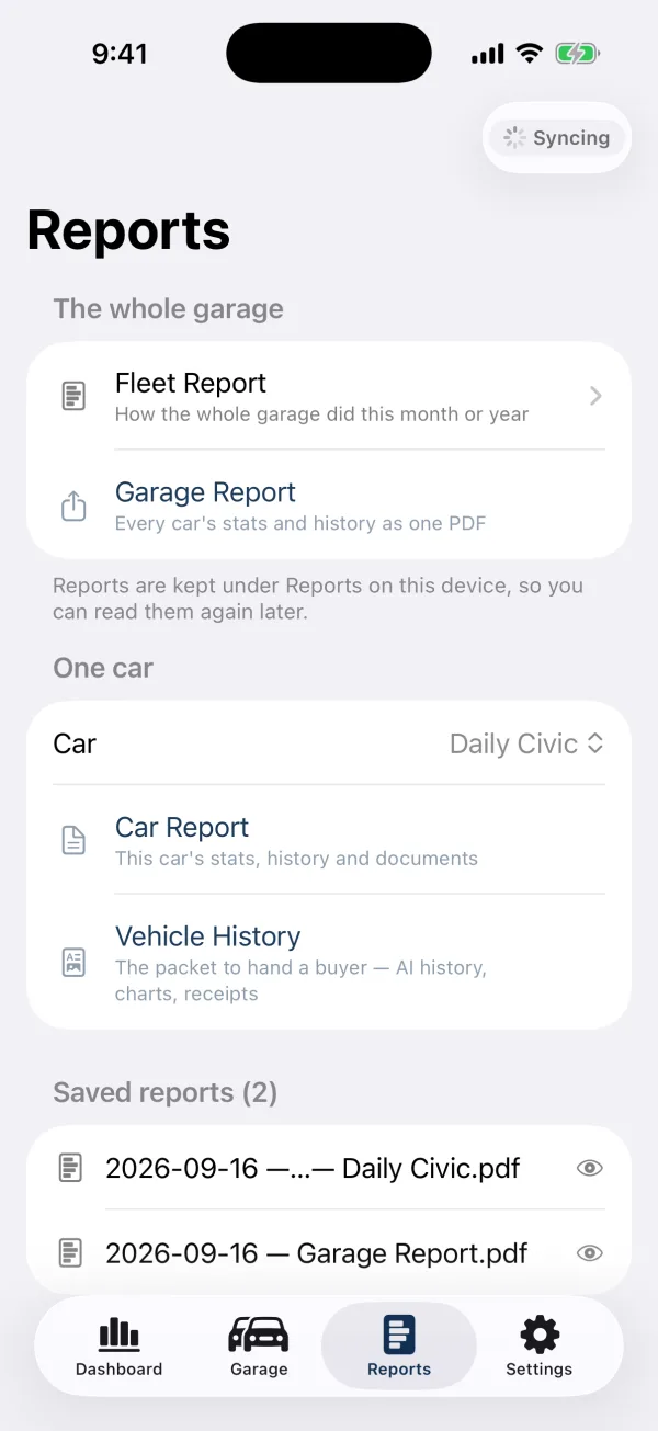 The Reports tab: fleet and garage reports, a car picker for the car report and vehicle history, and two saved reports